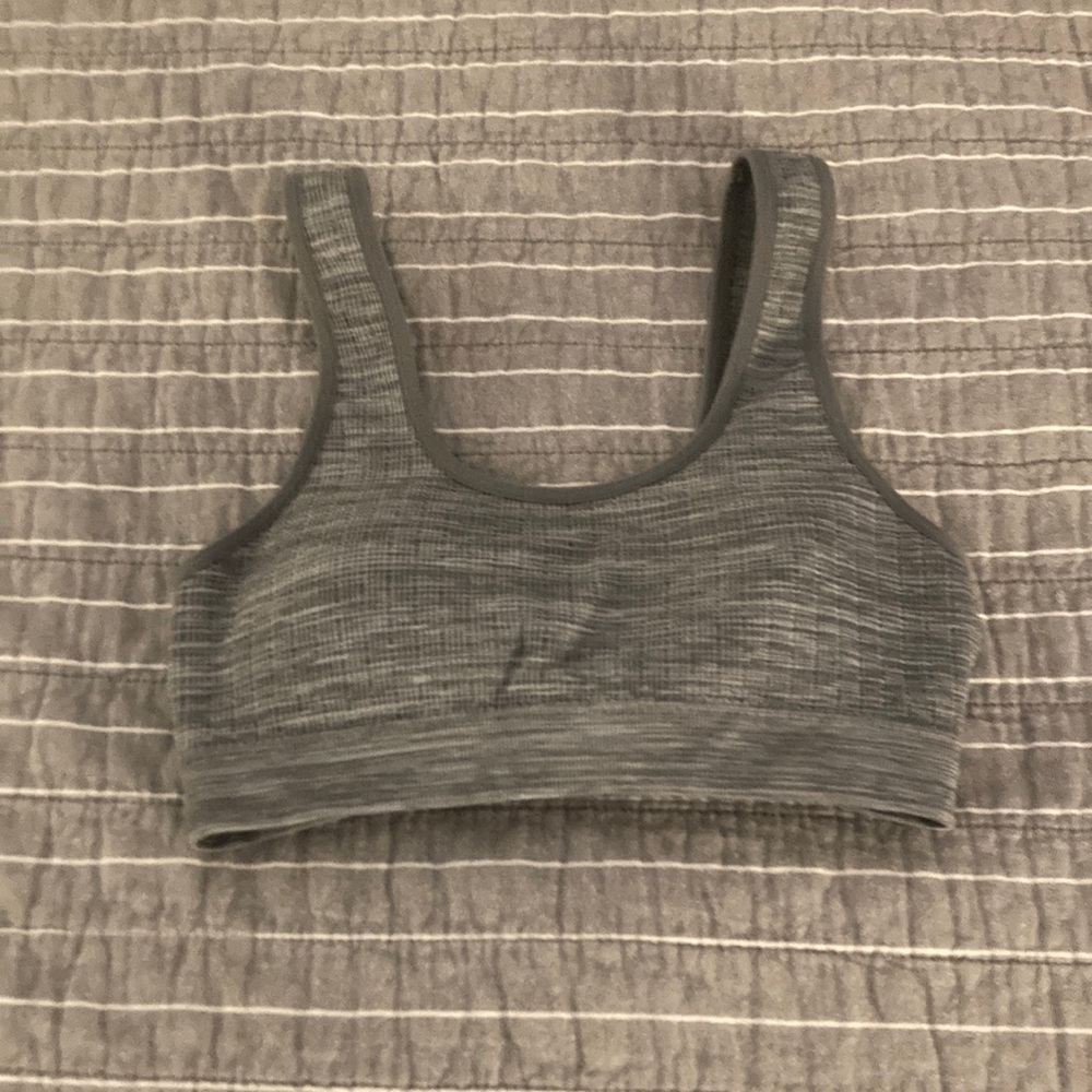 This is a small gray sports bra with padding